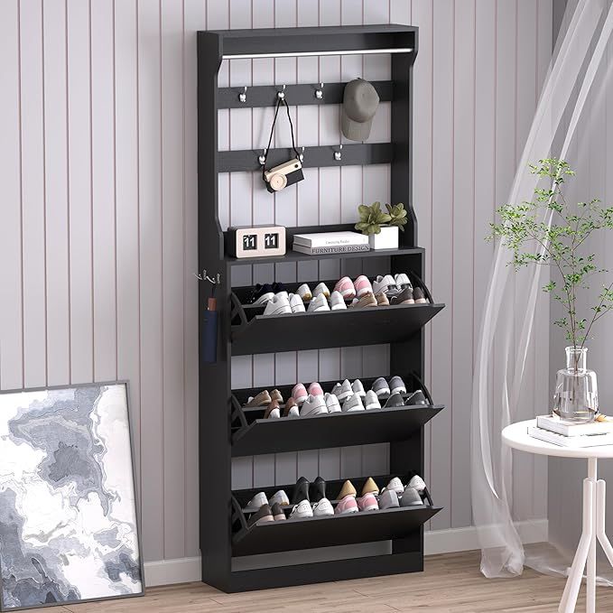 Shoe Cabinet with 3 Flip Drawers & Coat Rack, Narrow Hidden Shoe Storage Cabinet, 2-in-1 Hall Tree Slim Freestanding Shoe Rack Organizer for Entryway, Hallway, and Living Room added by Rachel Fedorov