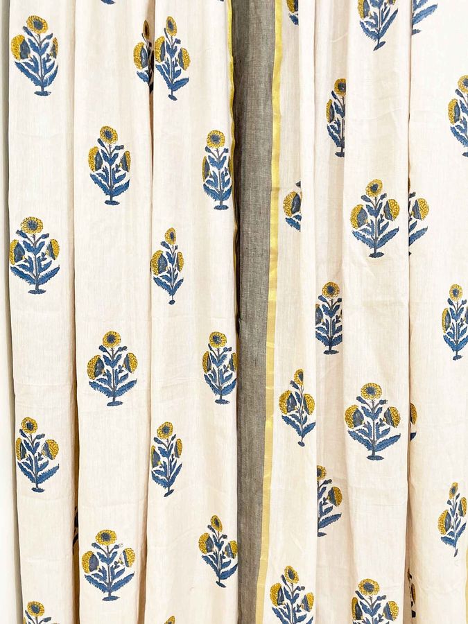 Mustard  Blue Poppy Flower Hand Block Printed Cotton Curtain - Etsy added by Jorie Braunold
