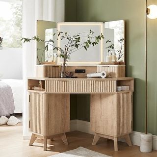 Modern Fluted Makeup Vanity Desk with 3 Way Mirror&Light, Vanity Table - Bed Bath & Beyond - 42401589 added by Cimon Greenfield