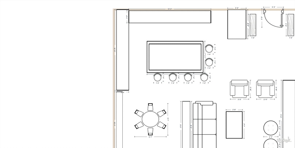 Rectanglar Living + Dining Room Plan designed by Jeanne Sellers