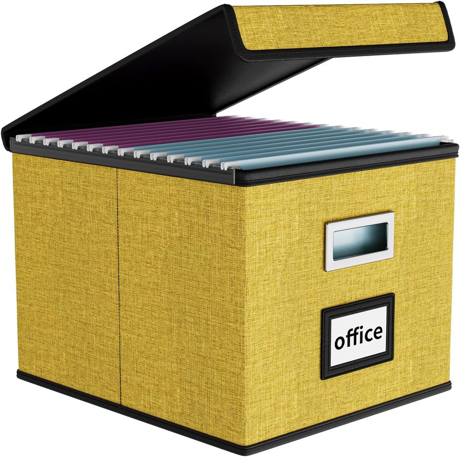 Huolewa Collapsible File Storage Organizer Box with Lid, Linen Document Storage Organization, Universal Hanging Filing Box for Letter/Legal Folder, Decorative Office/Home File Bins - yellow, box only added by Rachel Fedorov