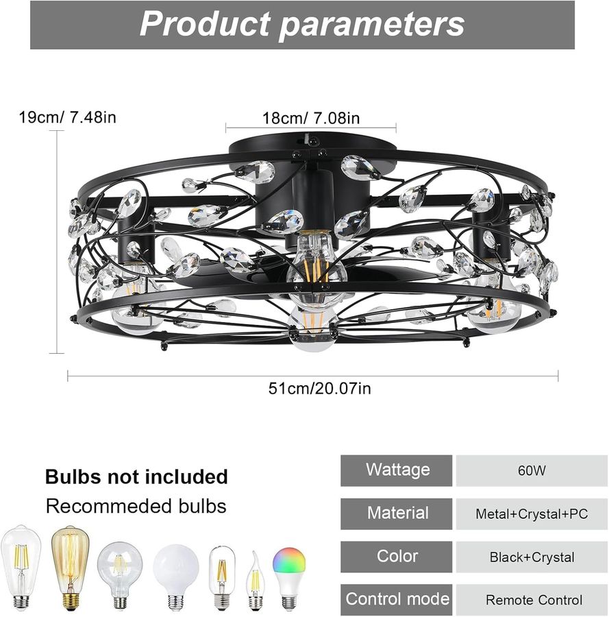 20in Caged Ceiling Fan with Light,Rustic Industrial Ceiling Fans with Lights and Remote,Bladeless Black Fandelier Ceiling Fan,Flush Mount Fan Lights for Kitchen,Bedroom（6 Speed,Timing） added by Francesca Pastrana