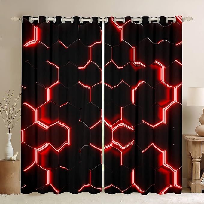 Red and Black Print Curtains Hexagonal Window Curtains for Bedroom Living Room Kids Boys Teens Honeycomb Decor Window Drapes Treatments Beehive Simplistic Geometric 52W X 90L,2 Panels added by Tiffany Borland