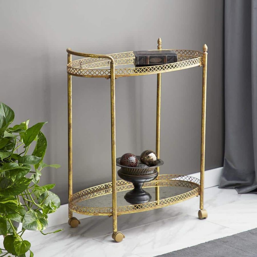 Litton Lane Gold Rolling 2 Mirrored Shelves Bar Cart with Lockable Wheels 93749 - The Home Depot added by erika grossman