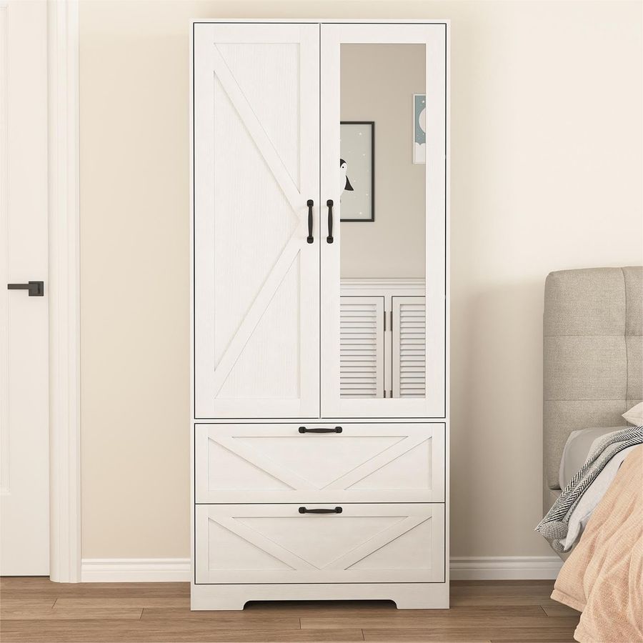 71" Armoire Wardrobe Closet with Mirror Door and LED Lights,Farmhouse Bedroom Armoire with Drawers and Adjustable Shelves,Wooden Armoire Wardrobe Closet with Hanging Rod for Bedroom added by sallie tyler