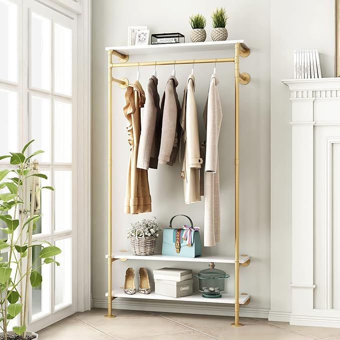 Gold Wall Clothing Racks with White Shelves, Wall Mounted Gold Clothes Rack for Hanging Rods，Heavy Duty Pipe Clothing Racks With Three Shelves Retail Display Garment Rack for Home added by Erica Ramon