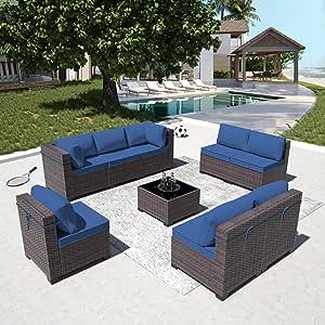 RTDTD Outdoor Patio Furniture Set, 9 Pieces Outdoor Furniture All Weather Patio Sectional Sofa PE Wicker Modular Conversation Sets with Coffee Table,8 Chairs & Seat Clips(Dark Blue) added by Ashley Genard