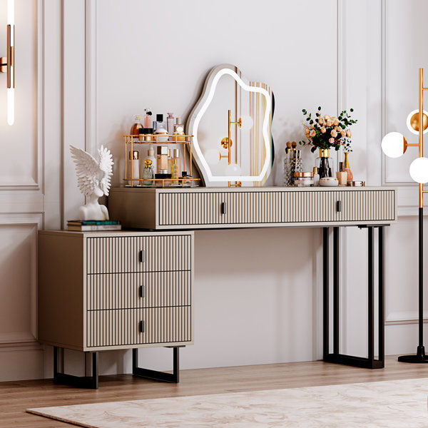 White, Large Vanity Desk with 3 Color Touch Screen Dimming Mirror, Retractable Makeup Dressing Table added by Madeline Wood