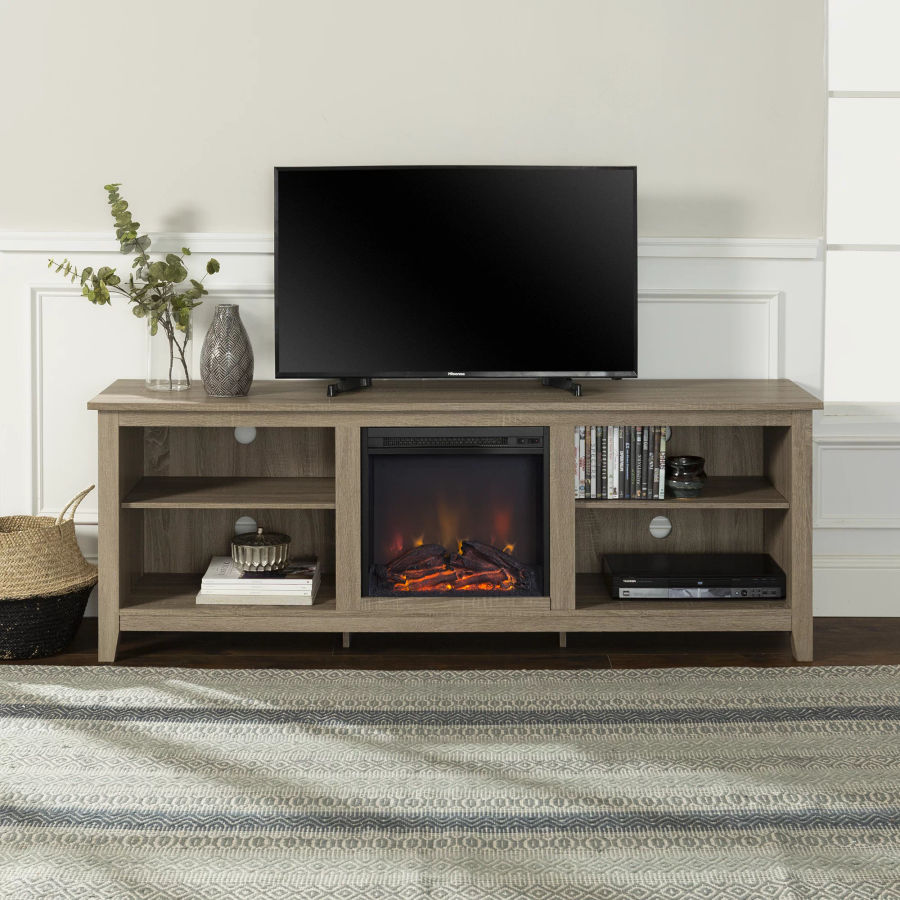 Woven Paths Open Storage Fireplace TV Stand for TVs up to 80", Driftwood added by Stefani Medina