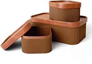 LA JOLIE MUSE Fluted Cardboard Storage Basket with Leather Lids, Sturdy Stackable Paper Boxes Decorative Tray, Modern Basket Organizer Bins for Jewelry Shelve Bathroom Bedroom Organizing, Chocolate Brown, Set of 3 added by Savannah &  Jade