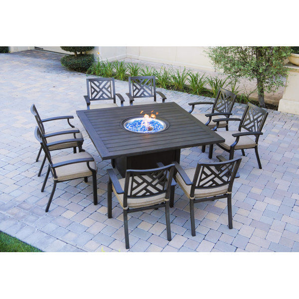 Serhan 9-Piece Aluminum Patio Dining Set, 60'' Square Propane Fire Pit Dining Table & Cushions added by Chelsea Darvas