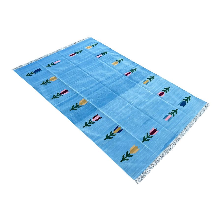 Handmade Cotton Natural Vegetable Dyed Reversible Sky Blue Leaf Pattern Rug Dhurrie - 12'x15' added by Jorie Braunold