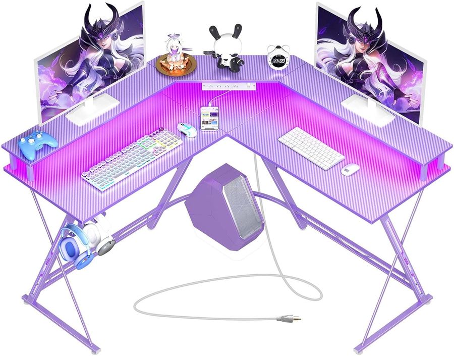 SEVEN WARRIOR L Shaped Gaming Desk with LED Lights & Power Outlets, 50.4” Computer Desk with Monitor Stand, Corner Desk with Carbon Fiber Surface, Gaming Table with Hooks, Black added by Celeste Hellman