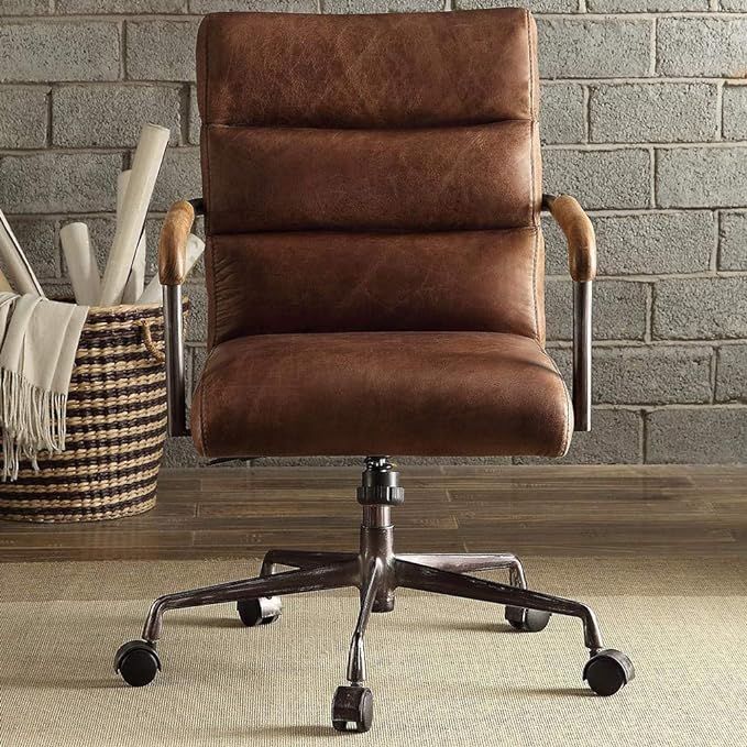 26"D x 22"W x 38"H ACME Furniture Harith Leather Upholstered Swivel Office Chair in Retro Brown (brown leather) added by Lauren Meadows