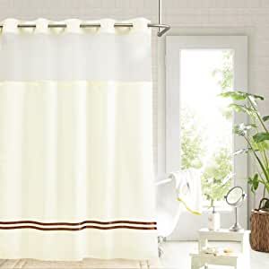 River Dream Extra-Long Shower Curtain with Snap in Liner,No Hooks Needed Shower Curtain for Bathroom,Hotel Grade,Machine Washable,71" W×86" H,Beige,with Brown Stripe and Magnets added by Spoak Member