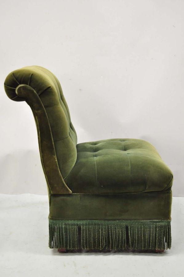 Antique Art Deco Green Velvet Mohair Rolled Back Fringed Slipper Lounge Chair added by Lauren Dye