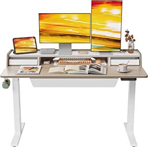 FEZIBO Electric Standing Desk, 55 x 24 Inches Height Adjustable Table, Ergonomic Home Office Furniture with 3 Drawers, White Frame/Light Walnut Top added by Madison Subry