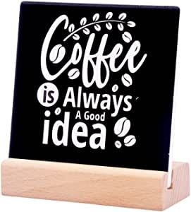 Coffee Quote Desk Decor- Funny Coffee Signs Ceramic Plaque With Wooden Stand for Coffee Bar Accessories Table Decor-Gifts for Coffee Lovers (idea) added by Amber Verduzco