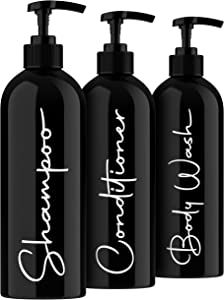 Alora 16oz Reusable Shampoo and Conditioner Bottles - Set of 3 - Black - Easy to Read Labels - Pump Bottle Dispenser for Shampoo, Conditioner, Body Wash - Empty Plastic Refillable Containers added by Jenna Quinones