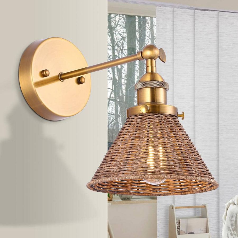 matrix decor 6.88 in. 1-Light Boho Antique Gold Wall Sconce Light Bathroom Vanity Lighting with Rattan Shade MD-W2205110V - The Home Depot added by Allison Keach
