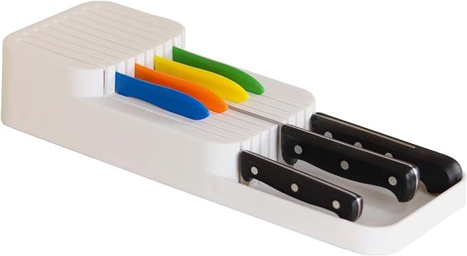 DecoBella Kitchen Drawer Knife Organizer, BPA-Free Plastic Countertop Knife Block, Universal Knife Holder for Drawers, Plastic Drawer Organizer Tray for Knives (White) added by Rachel Fedorov
