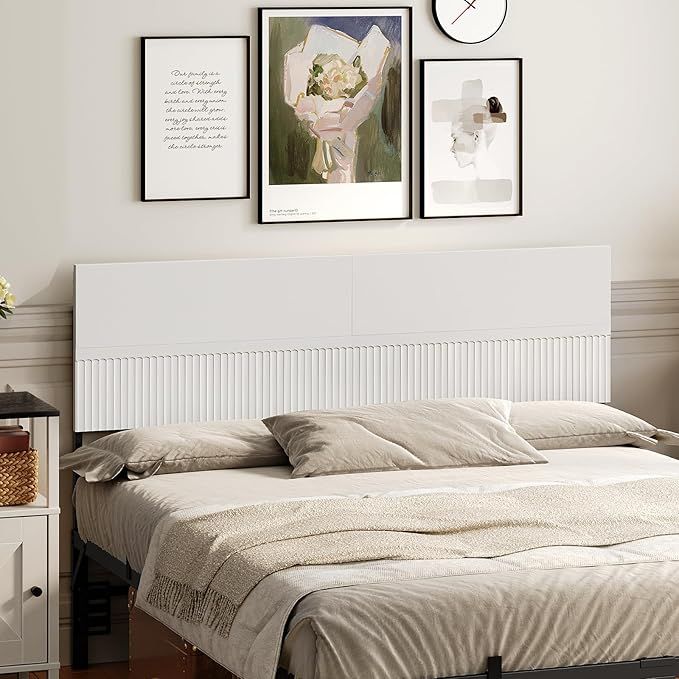 Queen Size Headboard Only with Wavy Panel Design, Modern Wooden Bed Headboard and Metal Frame, Connection Adapter Included, Easy Assembly, White added by KATHERINE ECK