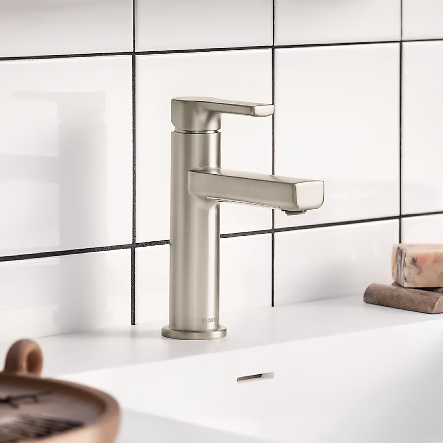 Moen Rinza Spot Resist Brushed Nickel Single hole 1-handle WaterSense High-arc Residential Handle Bathroom Sink Faucet with Drain with Deck Plate added by Jasmine Jerrels