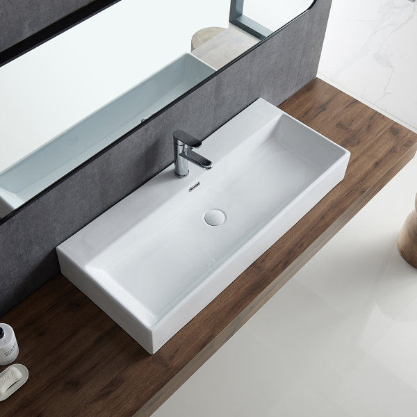 Turner 39" L Trough White Ceramic Rectangular Wall Mount/Vessel Bathroom Sink with Overflow added by Frances Romero
