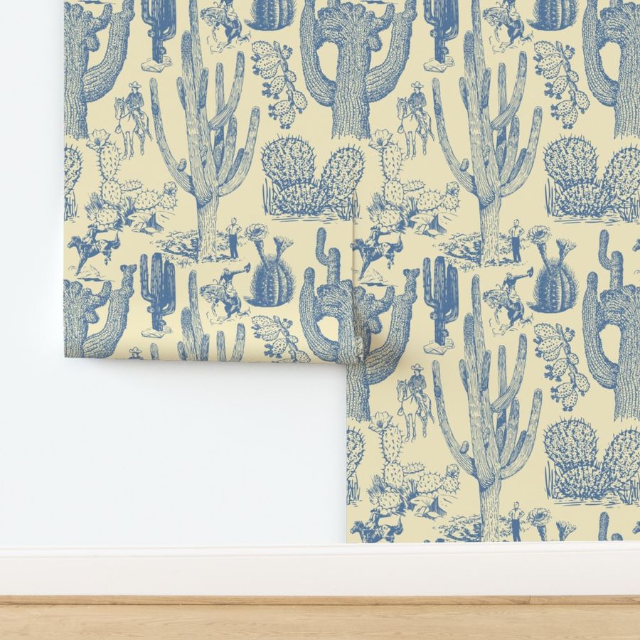 Western Cactoile in Cream + Dusty Blue Wallpaper | Spoonflower added by Holly Larzelier