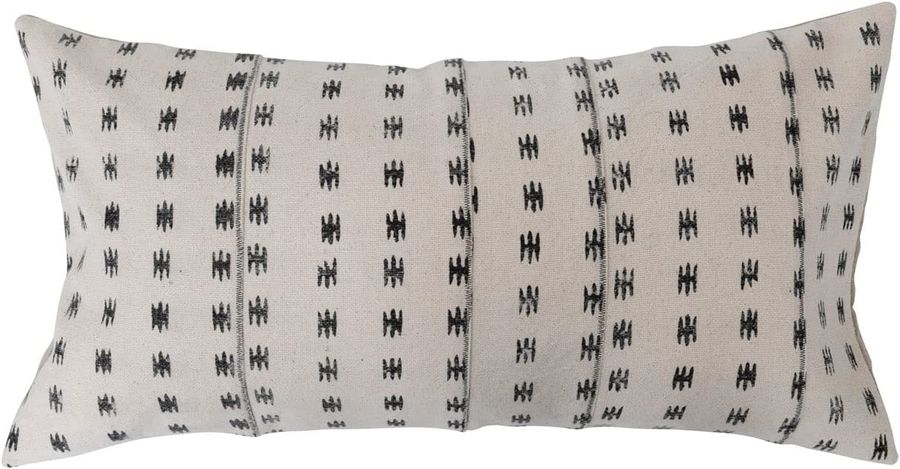 Creative Co-Op Stonewashed Cotton Pieced Lumbar Block Print Pillow, 28" L x 14" W x 2" H, Black added by Melissa Fraum
