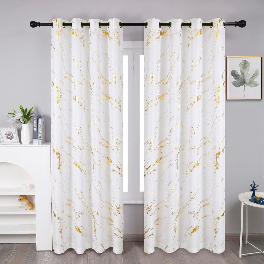 Taisier Home Gold Foil Print Linen Textured Curtains Geometric Marble Pattern Design Curtains for Living Room Thermal Insulated Window Treatment 2 Panels 84" L,Off White and Gold Curtains Print added by Elizabeth Logan