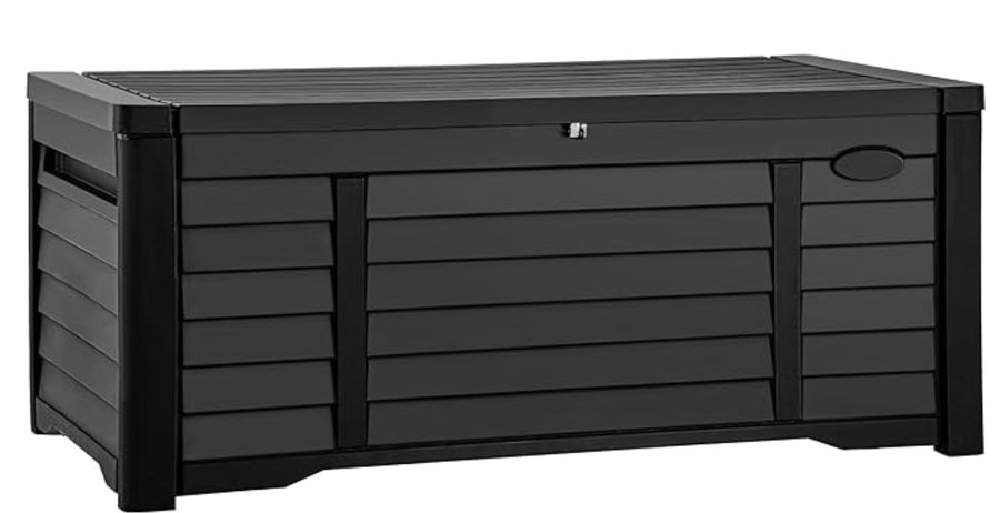 DWVO 120 Gallon Large Deck Box Waterproof Outdoor Storage Box, Extra Large Outdoor Storage Bin, Resin Louvered Patio Storage for Indoor Outdoor Pillows, Garden Tools & Pool Supplies, Lockable, Black added by Rim Berradi
