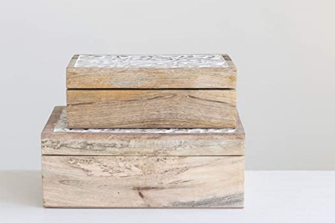 Creative Co-Op Handcarved & Whitewashed Mango Wood Boxes (Set of 2 Sizes) Misc Non-Food Storage, White added by Chelsea Alysa