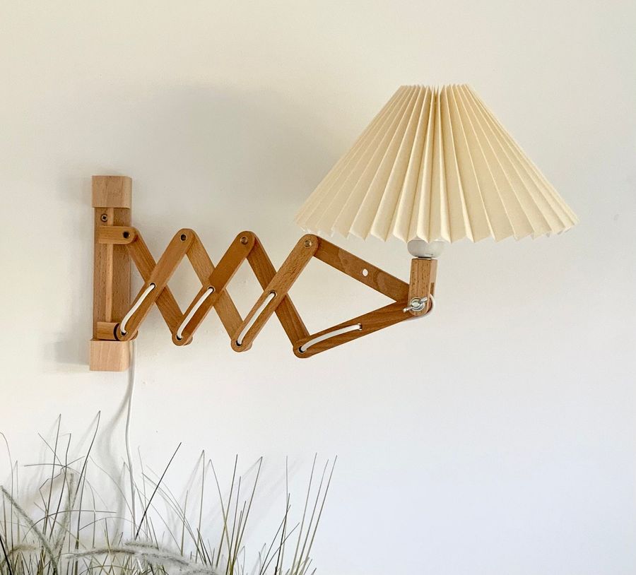 Danish designed beech wood accordion wall lamp with a new, Lekrazyhorse, pleated upper lampshade. Scandinavian retro interiors! added by Kate Seymour