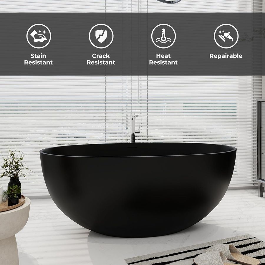 SJ STAR&JANE 55" Solid Surface Freestanding Bathtub, Stone Resin Oval Soaking Tub Matte Black Stand Alone Tub with Overflow and Pop-up Drain for Bathroom added by Dianne mueller