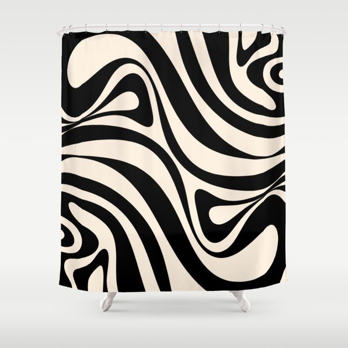 New Groove Retro Swirl Abstract in Black and Almond Cream Shower Curtain by Kierkegaard Design Studio added by Molly Jones