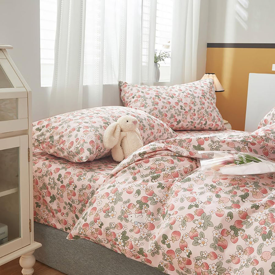Nayoroom Bedding 100% Cotton Pink Strawberries Green Plants Rabbit Pattern Reversible Bedding Duvet Cover | Wayfair added by Kathryn Cooper