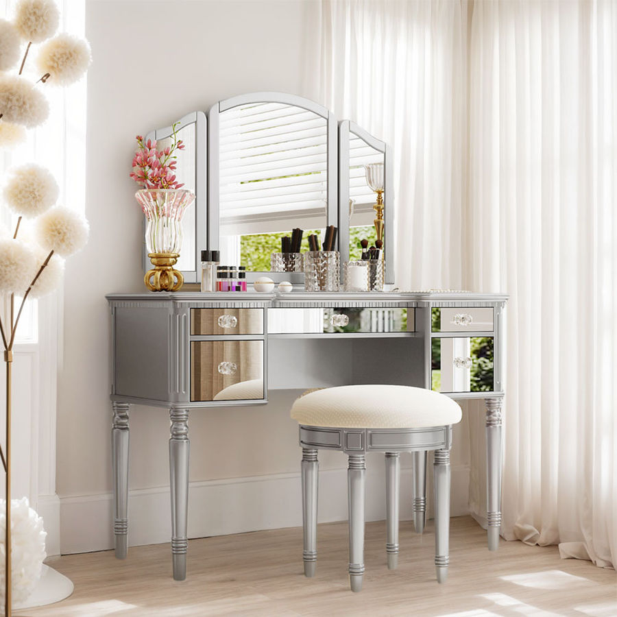House of Hampton Luxury Vanity Set with Tri-Fold Mirror, Dressing Table Set W/Mirrored Drawers & Stool, Makeup Vanity | Wayfair added by sallie tyler