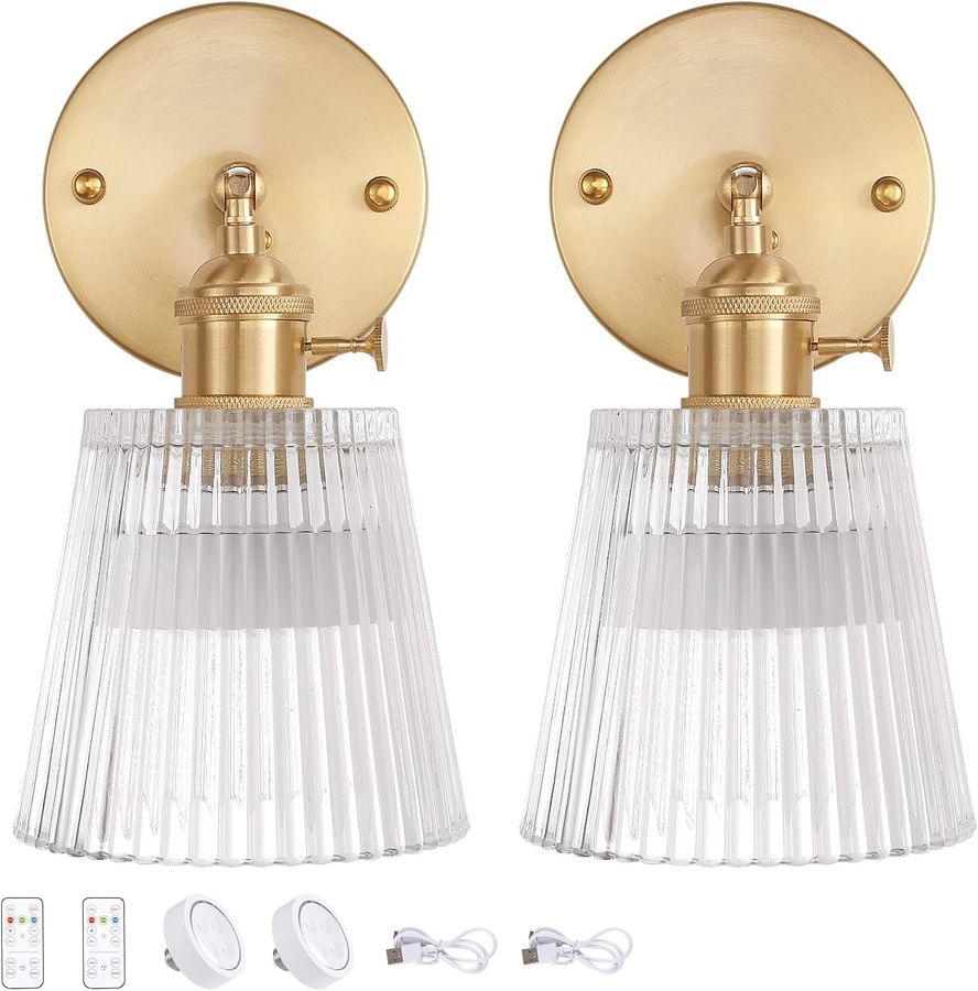 Vintage Battery Operated Wall Sconce with Transparent Stripe Glass added by Dogwood Home Design