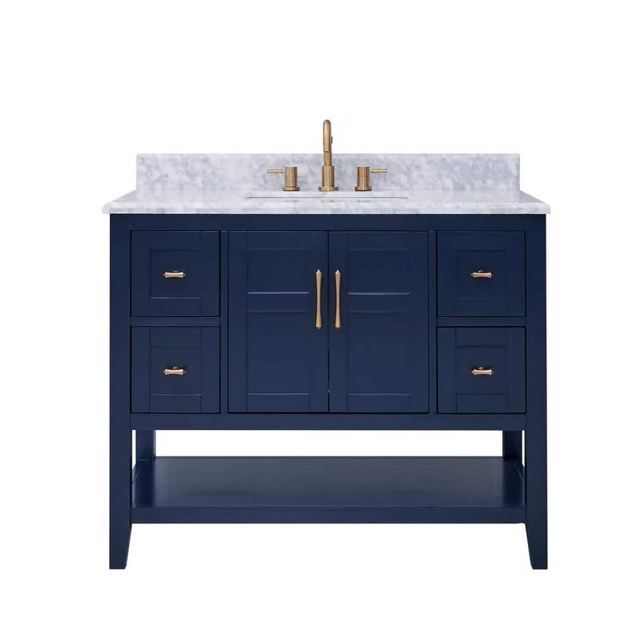 Home Decorators Collection Sturgess 43 in. W x 22 in. D x 35 in. H Open Shelf Vanity in Navy Blue with White Marble Vanity Top 19111S-VS43C-NB - The Home Depot added by Joslyn Schiebur