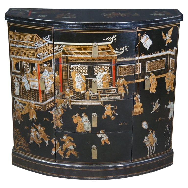 Oriental Black Lacquer Elm Demilune Glass Top Console Table Credenza Cabinet added by jane campbell rahmberg