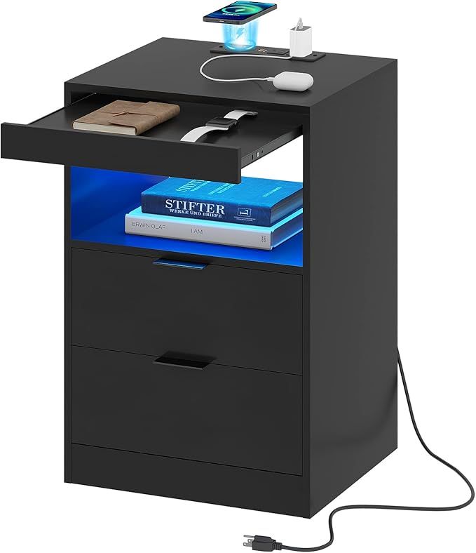 Tiptiper Black Nightstand with Wireless Charging Station and LED Lights, Bedside Table with 2 Drawers, Open Storage, 1 Pull-Out Tray, End Side Table with Charging Station, LED Night Stand with Storage added by mony 44