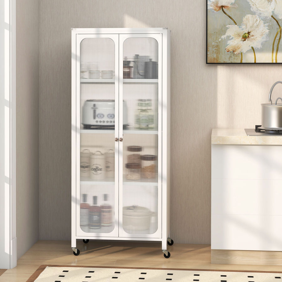Glass Doors Storage Cabinet with Wheels and Adjustable Shelves-White added by Audrey Canning
