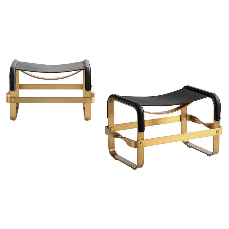 Set of 2 Footstool Aged Brass Steel and Black Leather, Contemporary Style added by Jessica Kubert