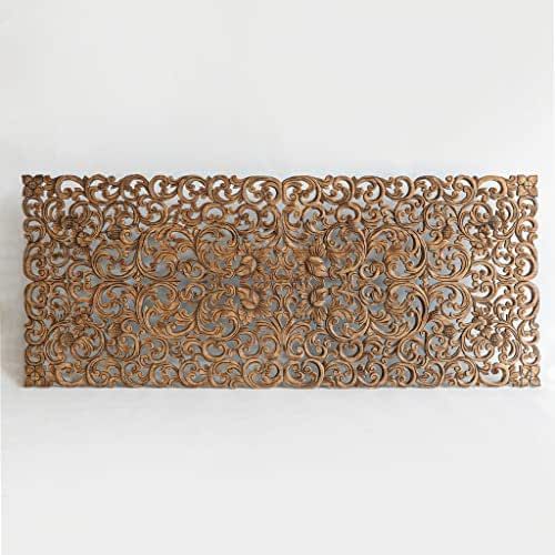Low California King Size Headboard, Rectangular Floral Carve Panels, Asia Teak Bedroom Furniture, Weathered Brown Stain, 72x30 inches added by Diana Farberov