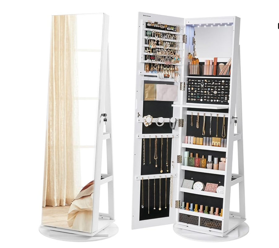 Amazon.com: SONGMICS 6 LEDs Lockable Mirror Jewelry Cabinet, 360° Swivel Jewelry Organizer Armoire Standing, Frameless Full-Length Mirror, 3 Storage Shelves, White Surface, Black Lining UJJC007W01 : Clothing, Shoes & Jewelry added by Zoe Grant