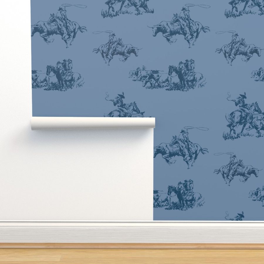 Cowboy Toile - Denim Blue Wallpaper | Spoonflower added by sallie tyler