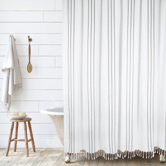 Vertical Stripe Shower Curtain in White With Black Stripes and | Etsy added by Spoak Member