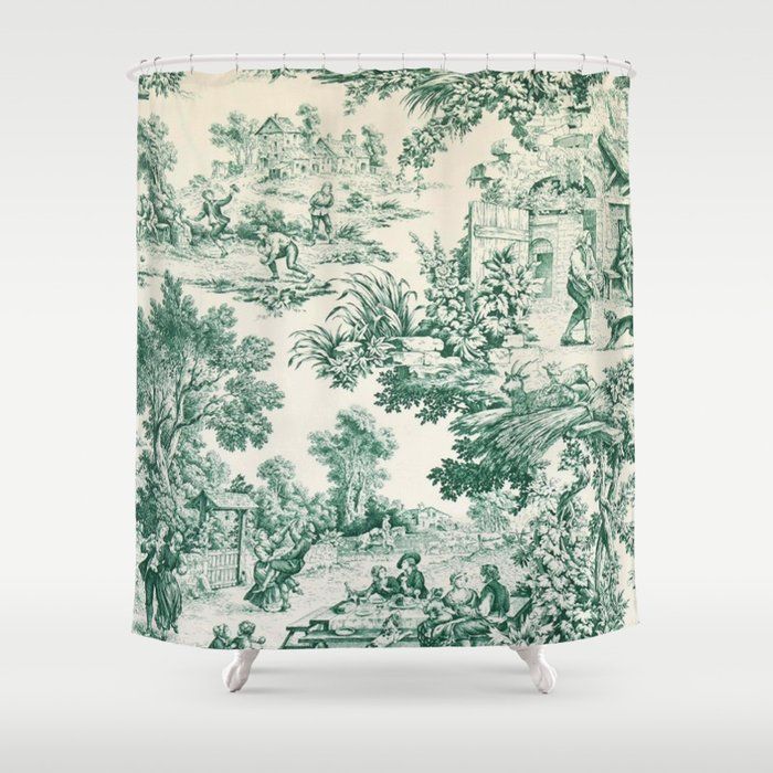 Green Toile de Jouy Shower Curtain by ghjuraa added by Shannon Harvey