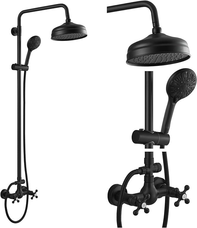 gotonovo Bathroom Exposed Shower Fixture Set 2 Functions 8 Inch Rainfall Shower Head Wall Mount 2 Double Knobs Cross Handle Mixer Shower System Combo Unit ABS Handheld Spray Matte Black added by Jamie Moon